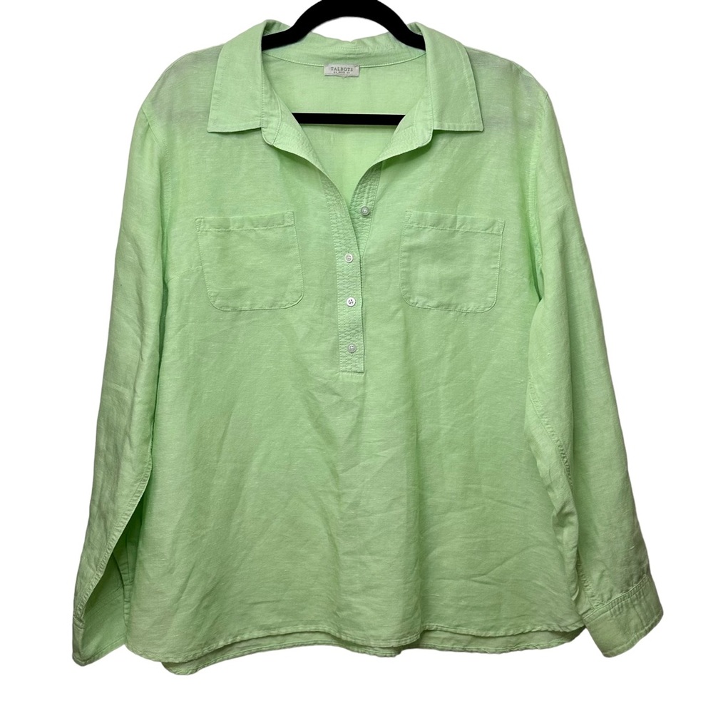 Talbots Womens Linen Blend Henley Blouse Size Petite L Lime Green Beachy Coastal